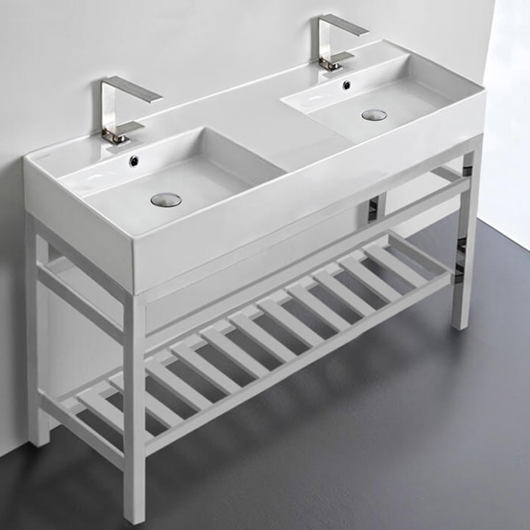 Scarabeo 5143-CON2 Double Ceramic Console Sink and Polished Chrome Base